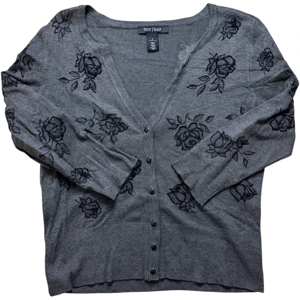 White House Black Market Gray Floral Embroidered Button Front Cardigan Small